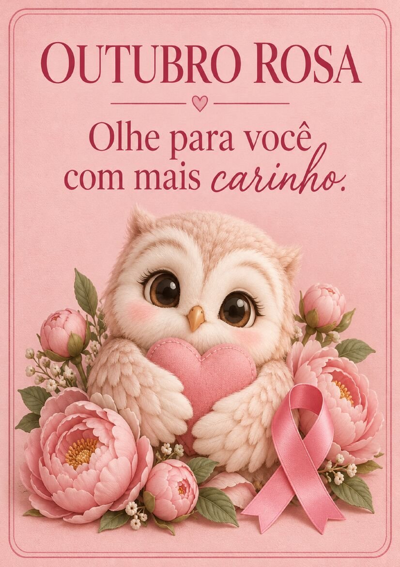Imagem Outubro Rosa com corujinha abraçando coração rosa entre flores e laço da campanha